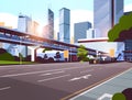 Highway road to city skyline with modern skyscrapers and subway cityscape sunrise background flat horizontal