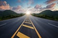 Highway, The road among the trees and mountains and ahead to success in the asphalt near the sunset, Concept road to success