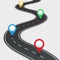 Highway roadmap with pins. Car road direction, gps route pin road trip navigation and roads business infographic vector