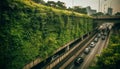 Highway rush hour, blurred motion, modern city skyline, green growth generated by AI