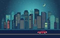 Highway Street in City at Night with Cityscape Building Flat Design Illustration Royalty Free Stock Photo