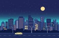 Highway Street in City at Night with Cityscape Building Landscape Flat Design Illustration Royalty Free Stock Photo