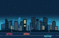 Highway Street in City at Night with Skyscrapers Building Flat Design Illustration Royalty Free Stock Photo