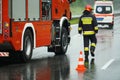 Highway Traffic Accident Site Firefighter Securing Traffic Royalty Free Stock Photo