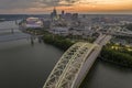 Highway traffic in Cincinnati, Ohio on Daniel Carter Beard Bridge with brightly illuminated high skyscraper buildings in Royalty Free Stock Photo