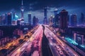 Highway traffic in the city at night. 3D rendering Royalty Free Stock Photo