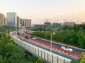 Highway traffic and city skyline at dusk, view from a national Park in  Fuzhou,Fujian,China Royalty Free Stock Photo