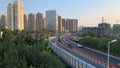 Highway traffic and city skyline at dusk, view from a national Park in  Fuzhou,Fujian,China Royalty Free Stock Photo