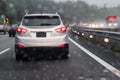 Highway traffic jam during heavy raining day