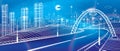 Highway under the bridge. Modern night town, neon city. Infrastructure illustration, urban scene. White lines on blue background. Royalty Free Stock Photo