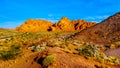 Highway 169 winds through the red Aztec sandstone rock formations in the Valley of Fire State Park in Nevada, USA