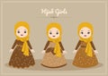 Cute cartoon Hijab girl set wear brown dress