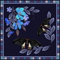 Hijab, shawl, scarf drawing Orchard Swallowtail Butterfly, close-up, butterfly black with red spots, blue and purple flowers on a Royalty Free Stock Photo