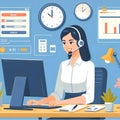 woman as costumer service operator hotline technical support sitting in office room on front laptop flat design illustration