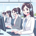 woman as costumer service operator hotline technical support sitting in office room on front laptop flat design illustration