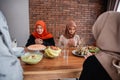 Hijab women pray together before meals