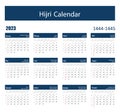 Hijri islamic and gregorian calendar 2023. From 1444 to 1445 vector celebration template. Week starting on sunday. Ready