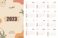 Hijri islamic and gregorian calendar 2023. From 1444 to 1445 vector template with abstract shapes. Week starting on