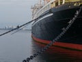 Vintage ocean liner at dusk. A herd of gulls resting on the metal chains. Royalty Free Stock Photo