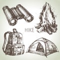 Hike and camping tourism hand drawn set. Sketch design elements