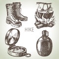 Hike and camping tourism hand drawn set. Sketch design elements