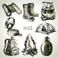 Hike and camping tourism hand drawn set. Sketch design elements