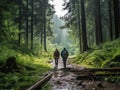 Hike couple hiking forest trail with backpacks