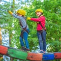 Hike and kids concept. Child boy having fun at adventure park. Climber child. Climber child on training. Kids boy Royalty Free Stock Photo