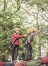 Hike and kids concept. Child boy having fun at adventure park. Climber child. Climber child on training. Kids boy Royalty Free Stock Photo