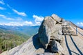 Hike on Moro Rock Staircase toward mountain top, granite dome rock formation in Sequoia National Park, Sierra Nevada mountains,