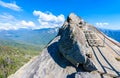 Hike on Moro Rock Staircase toward mountain top, granite dome rock formation in Sequoia National Park, Sierra Nevada mountains,