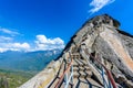 Hike on Moro Rock Staircase toward mountain top, granite dome rock formation in Sequoia National Park, Sierra Nevada mountains,