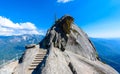 Hike on Moro Rock Staircase toward mountain top, granite dome rock formation in Sequoia National Park, Sierra Nevada mountains,