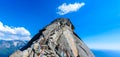 Hike on Moro Rock Staircase toward mountain top, granite dome rock formation in Sequoia National Park, Sierra Nevada mountains,