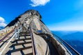 Hike on Moro Rock Staircase toward mountain top, granite dome rock formation in Sequoia National Park, Sierra Nevada mountains,