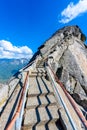 Hike on Moro Rock Staircase toward mountain top, granite dome rock formation in Sequoia National Park, Sierra Nevada mountains,