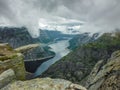 Trolltunga hike, Lake Ringedalsvatnet, Norway, Beautiful scandinavian landscape, Scandianavia, summer nature. Hike starts from Royalty Free Stock Photo