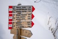 Hike trail sign on snow hiking mountains of Santa Caterina valfurva italian Alps in winter