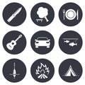 Hike trip, camping icons. Fishing, tourist tent