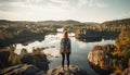 Hiker admires majestic mountain view with backpack, captivated by breathtaking valley