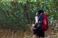 Hiker asian young women walking in national park with backpack. Woman tourist going camping Royalty Free Stock Photo