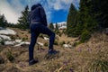 Hiker with the back on camera climbing through a valley looking at a mountain covered in snow against a blue sky near a forest and