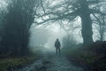 A hiker back to camera,. Standing in a wood on a spooky foggy winters day. Trees silhouetted by the fog