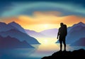 Hiker with backpack on a cliff enjoy the sunrise