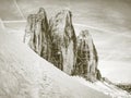 Summits of Alps mountains. Tourist walk with backpack