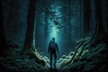 hiker, with backpack and flashlight, exploring dark and mysterious forest