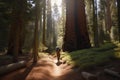 hiker, with backpack and hiking stick, ascending steep trail through forest of giant sequoias