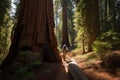 hiker, with backpack and hiking stick, ascending steep trail through forest of giant sequoias