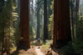 hiker, with backpack and hiking stick, ascending steep trail through forest of giant sequoias