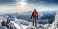 Hiker with backpack standing on top of the mountain and enjoying the view Royalty Free Stock Photo